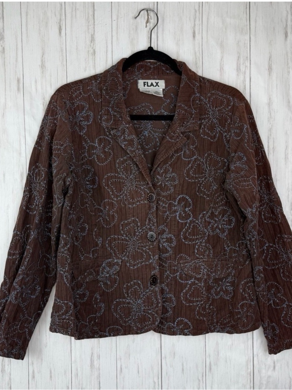 Flax Brown Teal Floral Embroidery Jacket Small